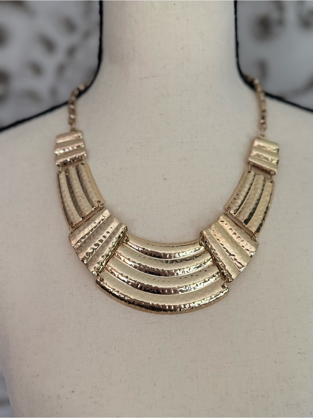 Gold Tone Geometric Statement Necklace | Hammered Metal Bib Necklace